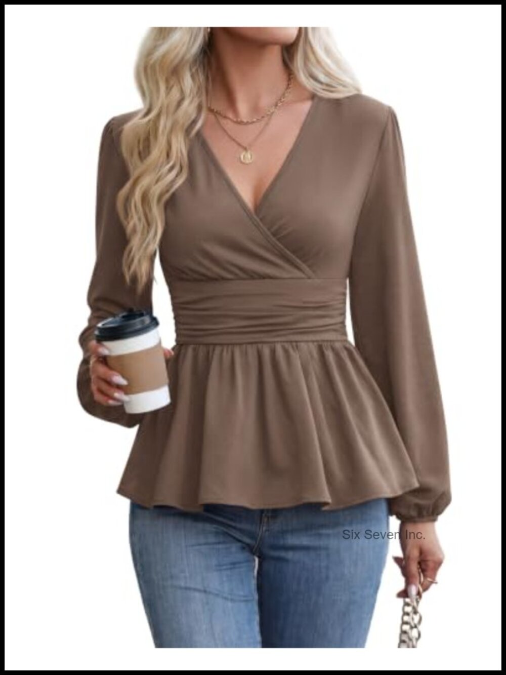 Women Peplum Wrap V Neck Long Sleeve Ruched Blouse Top